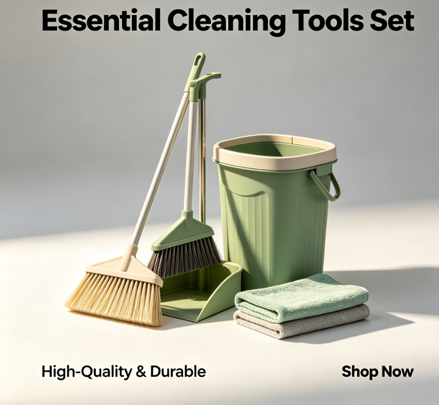 Essential Cleaning Tools Set, Broom and Dustpan Combo with Mop Bucket and Microfiber Cloths, All-in-One Floor Cleaning Kit