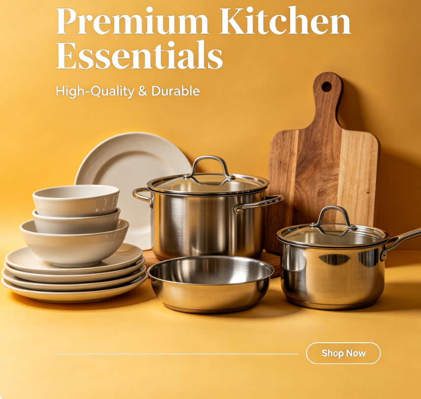 Premium Kitchen Essentials Set, Complete Stainless Steel Cookware & Ceramic Dinnerware Bundle for Everyday Cooking and Dining